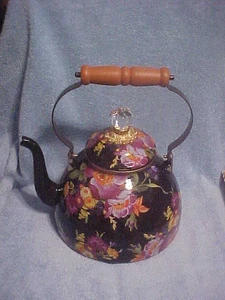 MacKENZIE CHILDS 3 QT BLACK FLOWER MARKET TEA KETTLEMINT - Picture 1 of 8