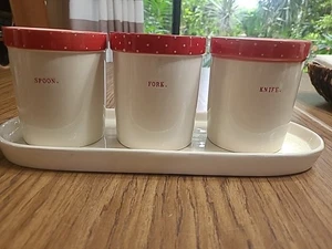 Rae Dunn Magenta Collection - Spoon/Fork/ Knife Utensil Holder On Tray -4 Pc Set - Picture 1 of 13