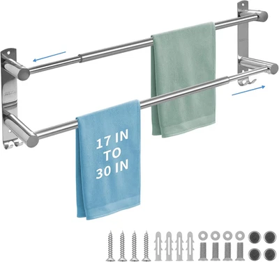 Double Towel Bar Stainless Steel Adjustable 16 to 28In Double Towel Racks  - Image 1 of 4