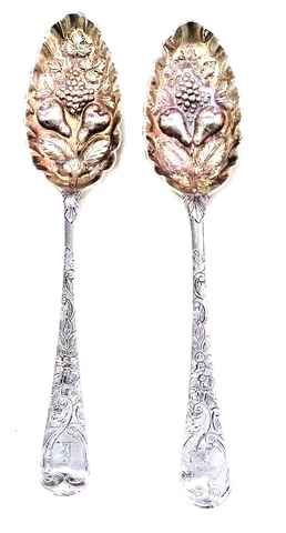 Pair Antique Georgian Sterling Silver Repousse Berry Spoons Armorial Cover
