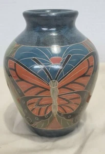 VINTAGE REDWARE CARVED ETCHED RED CLAY  VASE BIRD, BUTTERFLY,  MONKEY - Picture 1 of 4