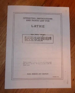 SEARS CRAFTSMAN METAL CUTTING BENCH LATHE OWNERS MANUAL 109.20630 20630 - Picture 1 of 1