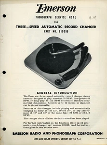 Emerson Three Speed Automatic Record Changer No. 819096 Service Note SFF110 - Picture 1 of 1
