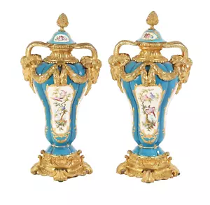 Pair Sevres Louis XV Style Bleu Celeste Porcelain and Ormolu Vases / Urns - Picture 1 of 17