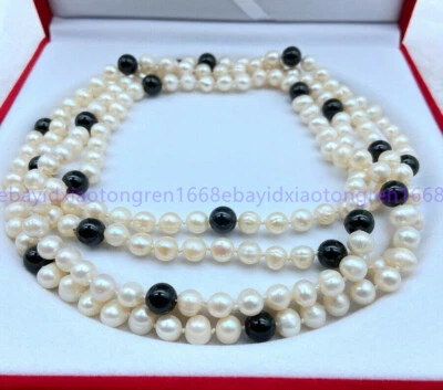 Collar de gemas redondas de ónix negro y perlas blancas de agua dulce naturales de 7-8 mm 36-100" Foto 1 de 4