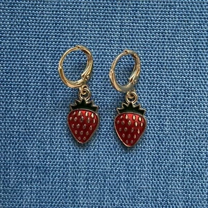 Gold Huggie Hoop Earrings with Strawberry Charm - Picture 1 of 4