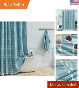 Heavy-Duty Water Repellent Shower Curtain with Plaid and Tassels, 72x72, Teal - Bild 1 von 9