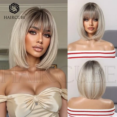ATOZWIG Short Ombre Blonde Highlight Bob Wigs with Bangs Dark Roots Fashion Party Wigs
