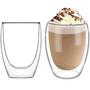 Set of 2 Double Walled Cups Insulated Coffee Mugs Tea Latte Glass 2 x 350ML - Picture 1 of 8