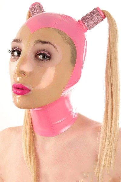 Latex mask Pigtail Latex Hoods with Two Braid Wigs and Bows Pink& transparent - Image 1 of 1