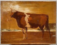 Vintage 1940’s Folk Art Cow Country Landscape Oil Painting American Primitive