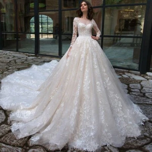 Ball Gown Wedding Dress, Lace High Neck Tulle Bridal Gown with Pearls and Sleeve - Picture 1 of 6