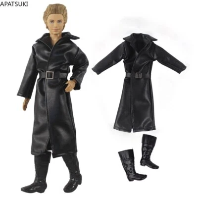 Black Leather 1/6 Doll Clothes For 12" Boy Doll Long Coat Jacket Boots Shoes Toy