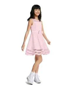 Calvin Klein Illusion Mesh Bow Front Dress Big Girls 10 Light Pink Back Zip - Picture 1 of 15