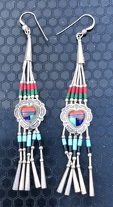 Vintage Native American silver gemstone heart earrings turquoise coral 92mm drop - Picture 1 of 10