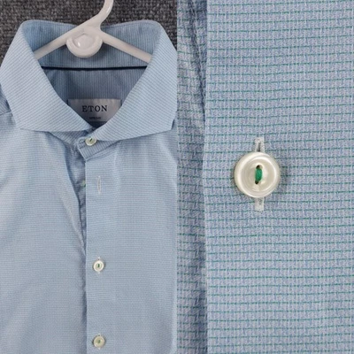 Camisa Eton Super Slim Check 15.75 Estonia Azul Verde Convertible Puño Abotonada Foto 1 de 4