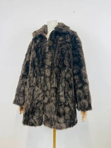 Vintage 70s Brown Fluffy Teddy Faux Fur Zip Jacket Coat 16 18 - Picture 1 of 7