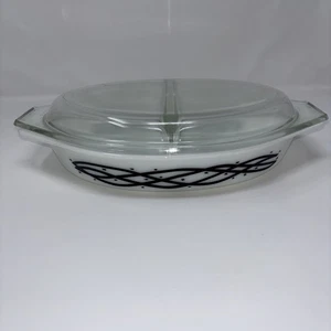 Pyrex schwarz & weiß "Stacheldraht" 1-1/2 Quart geteilt Auflaufform & Deckel Vintage MCM - Bild 1 von 10