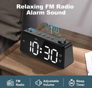 Dual Alarm Clock FM Radio USB Port 3 Wake Up Day Modes Wooden Look Large Display - Picture 1 of 24