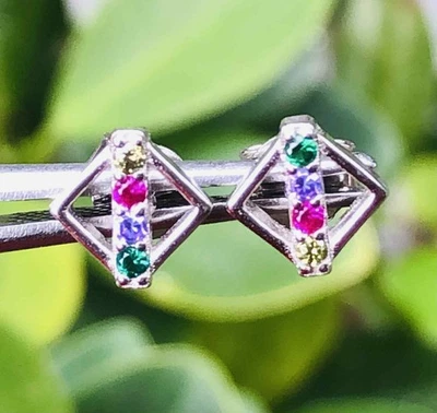 .925 Sterling Silver Peridot, Emerald & Ruby 1 Grams Ear Studs/Earrings 88 Z498 - Image 1 of 2