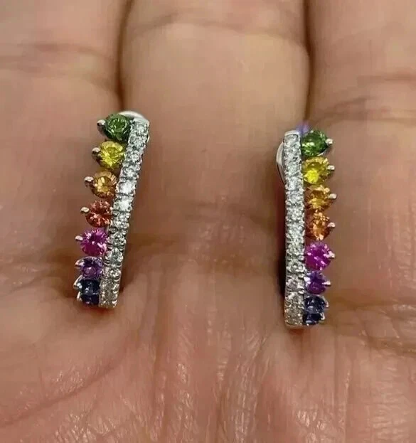 Lab Created Multicolor Diamond Hoop Earrings 2Ct Round Cut 14K White Gold Plated - Image 1 of 4