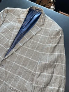 Jos A Bank Blazer Taupe Blue 44R Linen Wool Blend Windowpane Slim Fit Blazer - Picture 1 of 24
