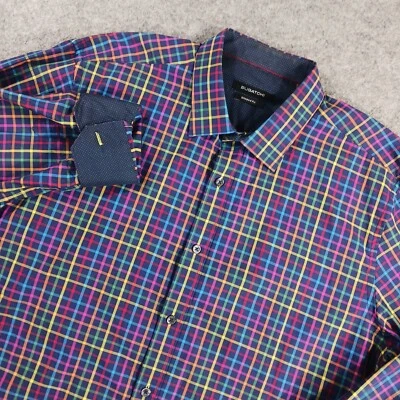 Bugatchi Uomo Shirt Men XL Blue Plaid Check Flip Cuff Colorful Casual Designer - Image 1 of 4
