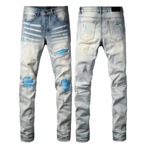 New Pop Men's Pants Cyan-Blue Ribbed Patchwork Skinny Fit Blue Jeans AM8927A - Picture 1 of 19