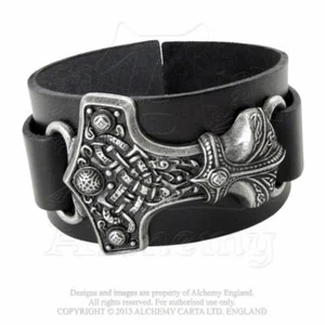 Alchemy Gothic Thunderhammer Thor's Hammer Mjolnir Bracelet Pewter Black Leather - Picture 1 of 4