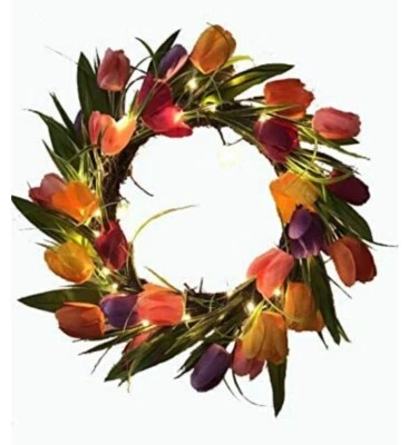 Corona de tulipán iluminada a batería de 17 pulgadas puerta flor artificial ramita de tulipán  Foto 1 de 3