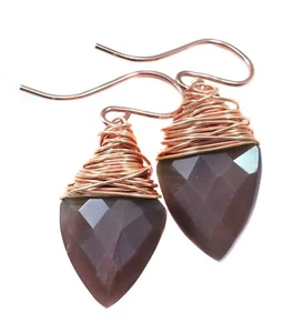 Chocolate Moonstone Earrings Marquis Sterling 14k Solid Yellow Gold Wire Wrap - Picture 1 of 22