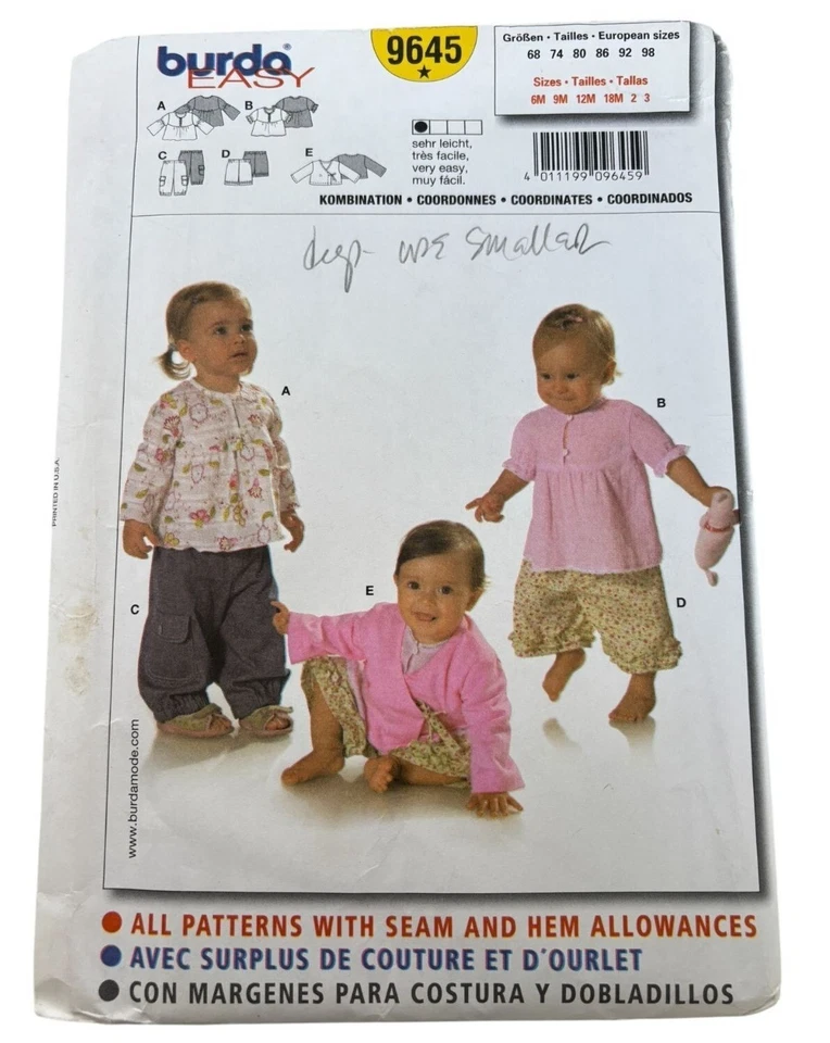 Burda Sewing Pattern 9645 Baby Toddler Girl Shirt Pants Outfit Easy 6M-3T Uncut - Image 1 of 4