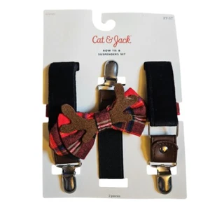 Boys Cat & Jack Suspenders & Bow Tie Set 2T-5T Black Red Plaid Moose Ears - Picture 1 of 3