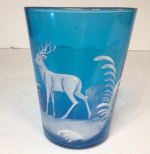 Blue Juice Glass With White Winter Scene White Deer 9 Oz - Picture 1 of 16