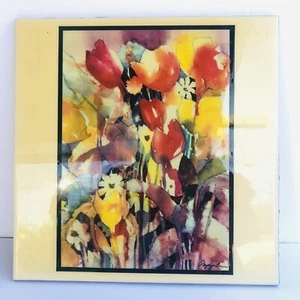 Vtg Floral Crystal Tile Art Wall or Table Painting Artist Signed - Picture 1 of 7