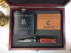 3 Personalisierte Individuelle Geschenkset Flachmann Messer Geldklammer Trauzeugen Geschenkbox - Bild 1 von 2