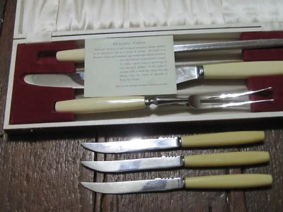 VTG IVORINE HANDLED BUTCHER FORK SHARPENING STEEL STEAK KNIVES THOMAS W CORK  - Image 1 of 4