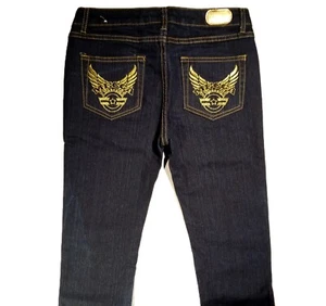 MECCA Jeans Girls 14 Gold Stitch LOGO Pockets Faux Gem Slim Dark Wash NWOT - Picture 1 of 10