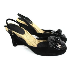 Chanel Camellia Flower CC Charm Decor Black Velvet Wedge Heels 37 US 7 - Picture 1 of 7