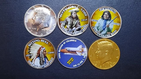 LOT OF 6 KENNEDY HALF DOLLARS . 1964 SILVER PROOF , 2016 GOLD GILDED & COLORIZED Cover
