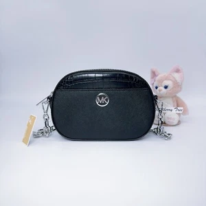 MICHAEL KORS JET SET GLAM Small Oval Crossbody Embossed Leather Black NWT $448 - Picture 1 of 7