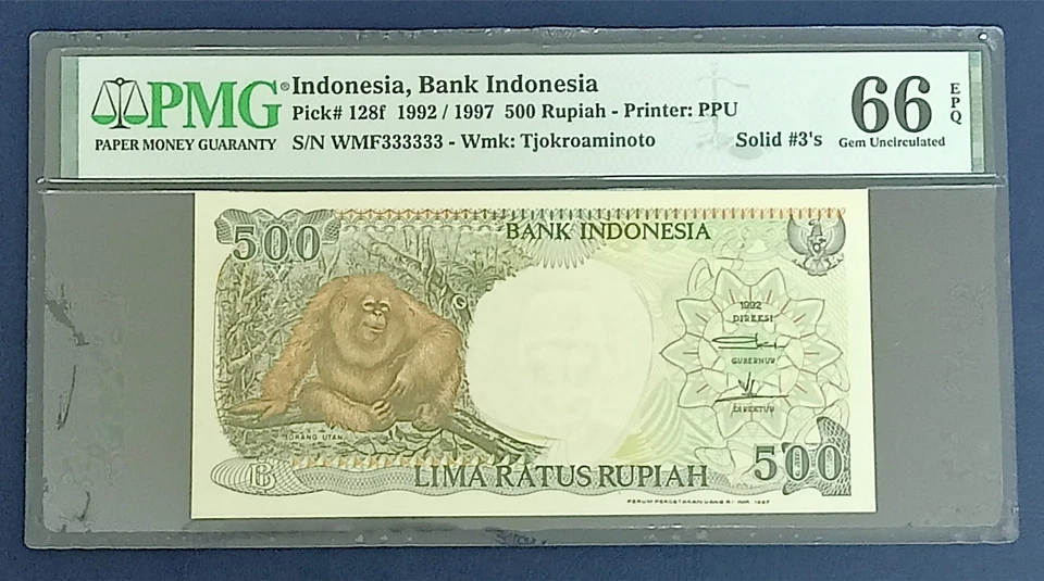 Indonesia 500 Rupiah 1992/1997 Solid 333333 Pick#128f PMG 66 EPQ - Image 1 of 2