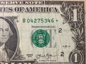 Duplikat 2013 B-New York Star Note ☆ B 04275346 ☆ fwD106 Fehler One Dollar Schein - Bild 1 von 6