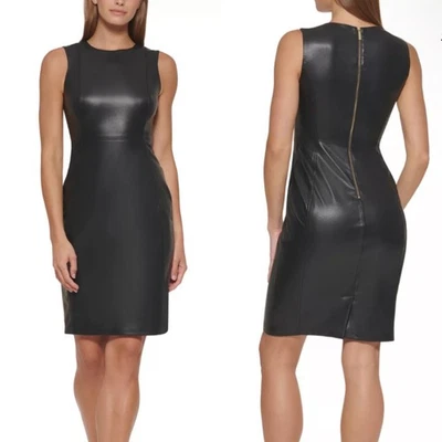NWT Calvin Klein Black Faux Leather Sleeveless Crew Neck Solid Sheath Dress 14 - Image 1 of 4
