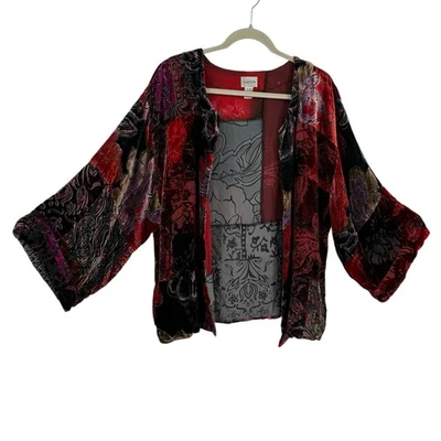 Chicos 2 Seda Terciopelo Burnout Abierto Kimono Grande Floral Borgoña Capricho Boho Foto 1 de 4