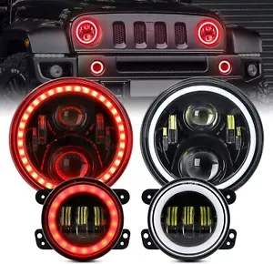 RED Halo DRL 7"inch LED Headlights&4" Fog Lights Combo For Jeep Wrangler JK JKU - Imagen 1 de 12