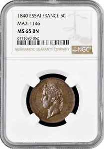 France 5 centimes 1840, NGC MS65 BN ESSAI, "Louis Philippe I (1830 - 1848)" Top - Picture 1 of 4
