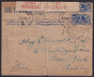 F-EX1762 SUDAFRICA POSTAL STIONERY CARTA AÉREA A IRLANDA EIRE CENSURA SEGUNDA GUERRA MUNDIAL - Imagen 1 de 2