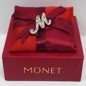 VTG Monet -Cursive Initial M Brooch- Silver Tone & Rhinestone Pin, Box & Sachet - Picture 1 of 7