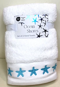 Set 2~ Ocean Shores White/Blue Embroidered Starfish Ocean Hand Towels 16 x 26" - Picture 1 of 2
